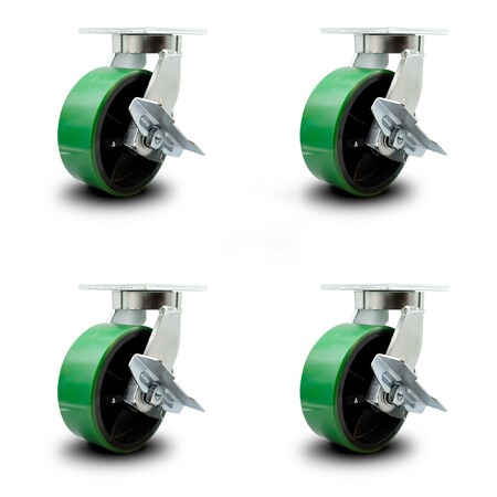 Service Caster 8 Inch Heavy Duty Green Poly on Cast Iron Caster Brakes 2 Swivel Locks, 4PK SCC-KP92S830-PUR-GB-SLB-BSL-2-SLB-2